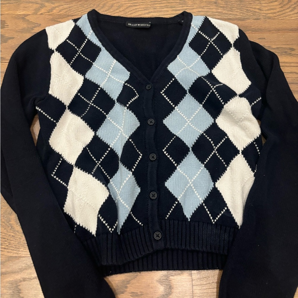 Brandy Melville Black and White Argyle Cardigan Sweater